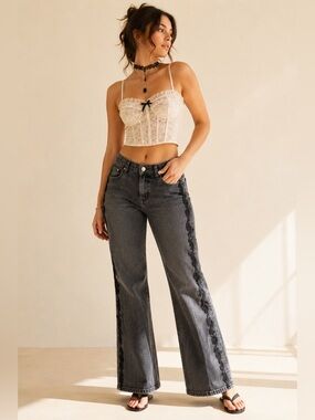 Y2K COS Fairy Goth Embroidered Bootcut Jeans Statement Denim Sz XL